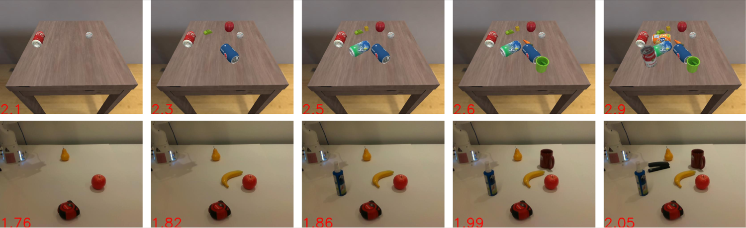Synthetic (top) and real (bottom) cluttered scenes with thei